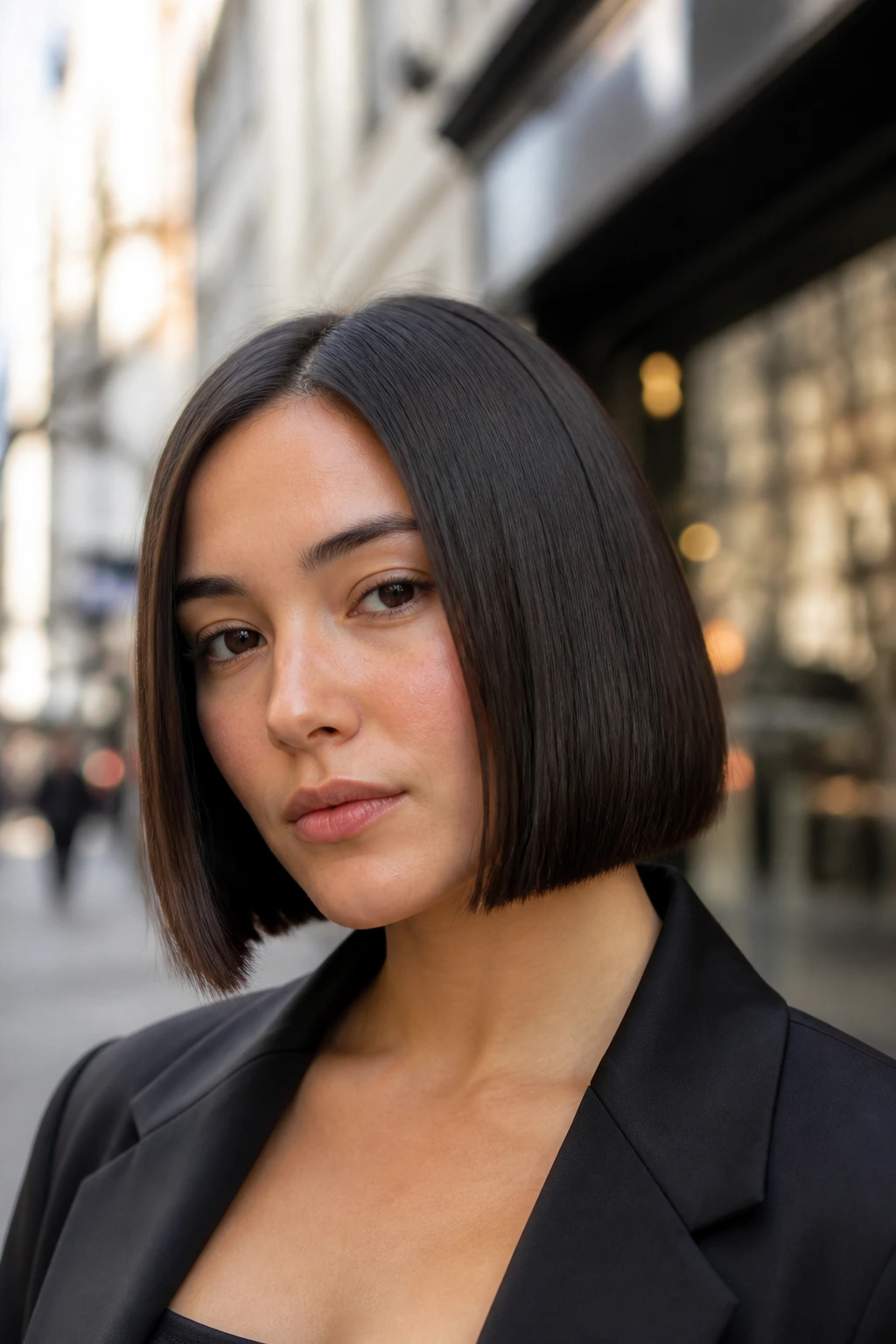 Portrait of a woman with a flat-ironed blunt bob in urban daylight