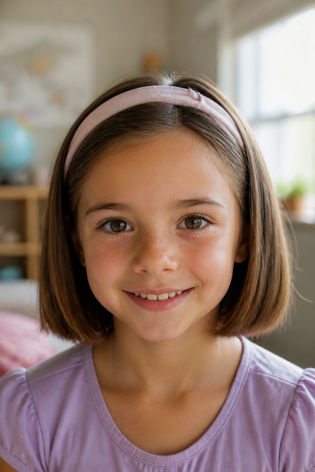 Close-up of a girl with blunt bob and headband hairstyle.