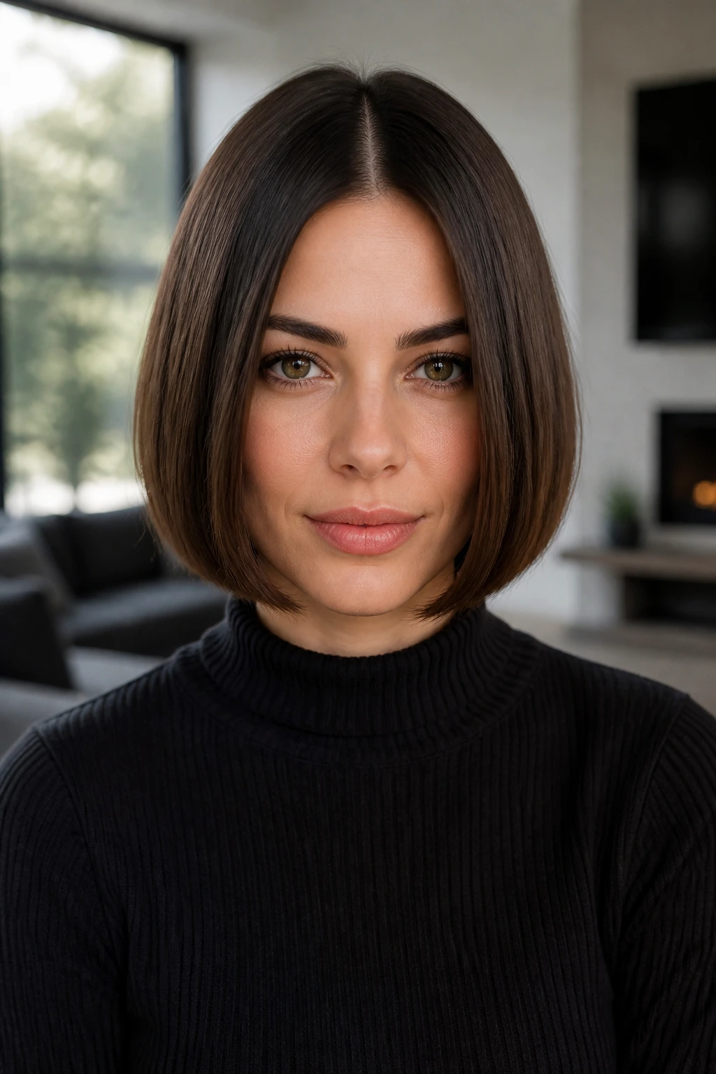 Real woman with blunt bob and hidden internal layers.