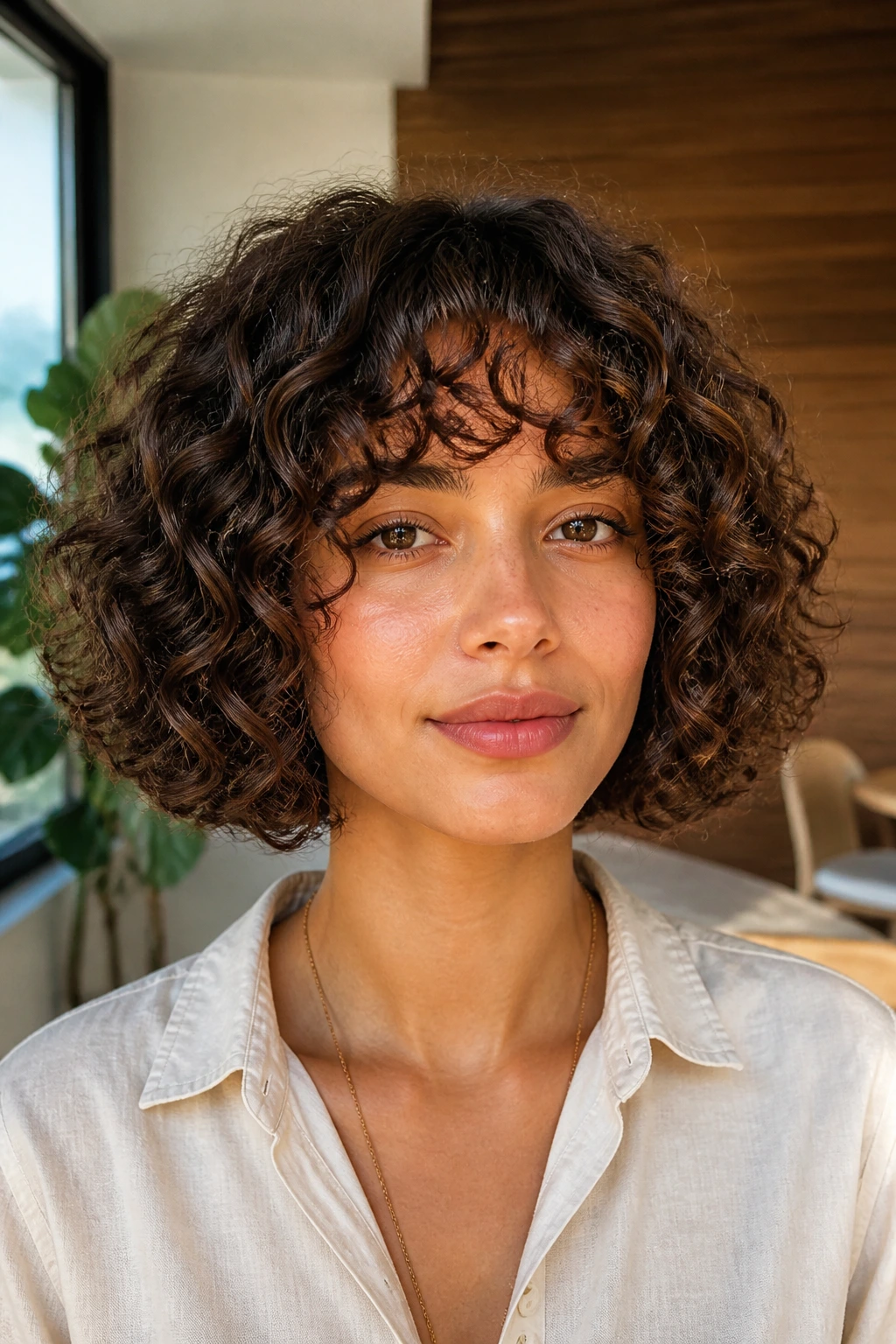 Portrait of a real woman with blunt bob and hidden layers showing sharp edge and texture.