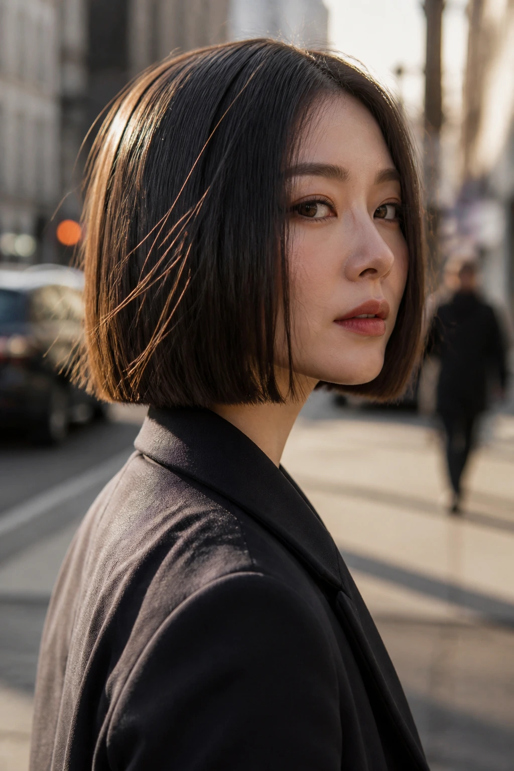 Close-up portrait of a person with a blunt bob with hidden internal layers