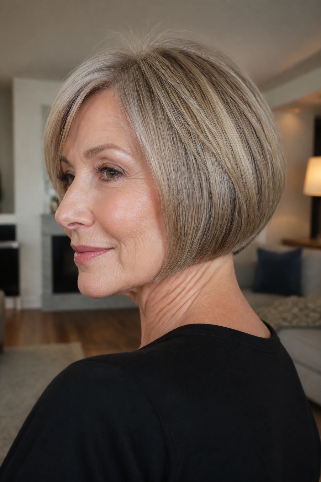 Close-up of a real woman with a blunt mini bob featuring hidden layers and lifted crown