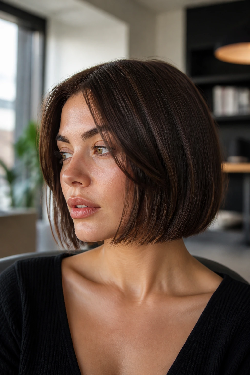 Close-up of a real person wearing Blunt Bob with Interior Texture in natural light
