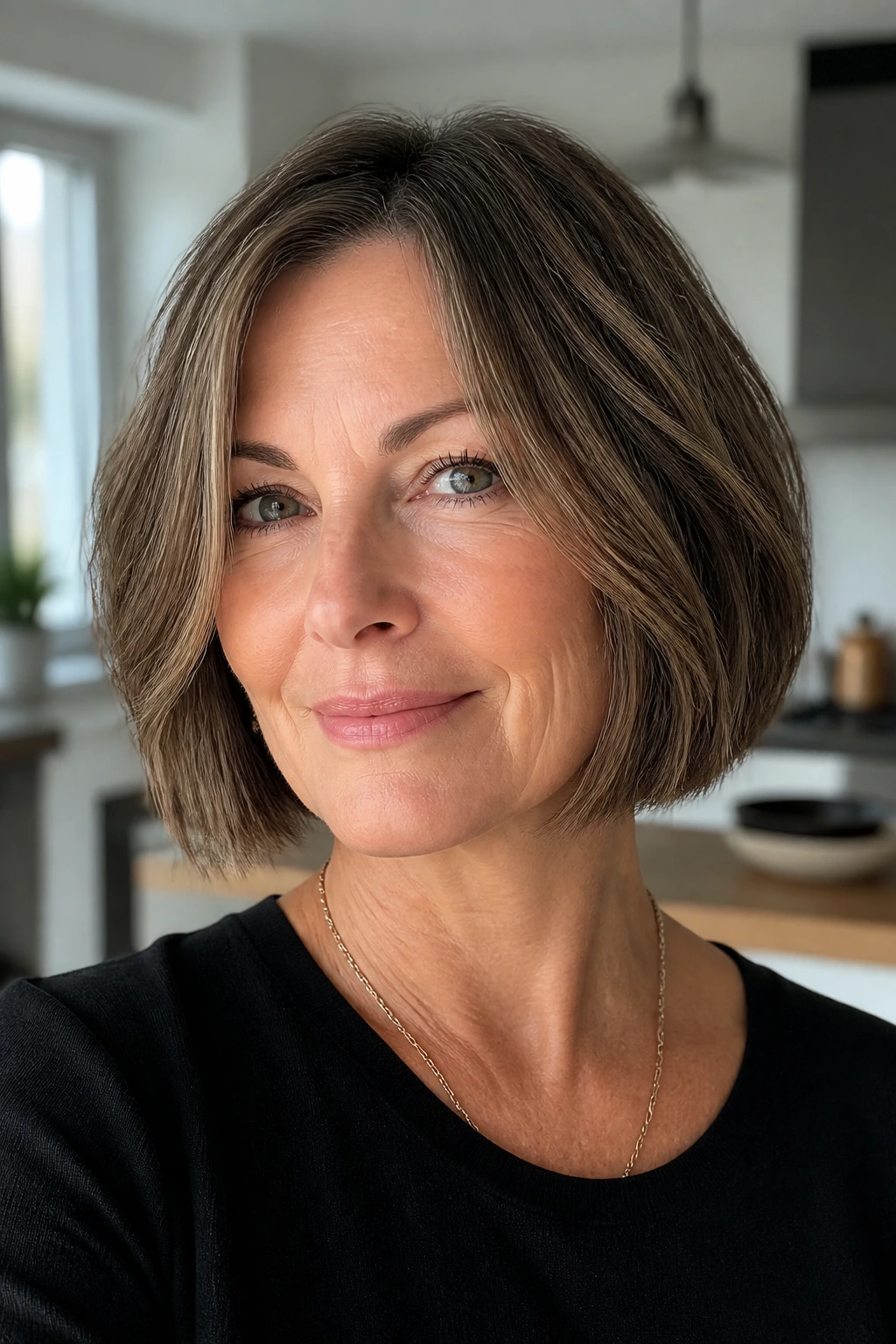 Close-up of blunt bob with internal layers on a real woman.
