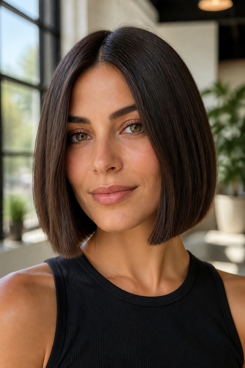Close-up of real woman with blunt bob featuring internal weight removal