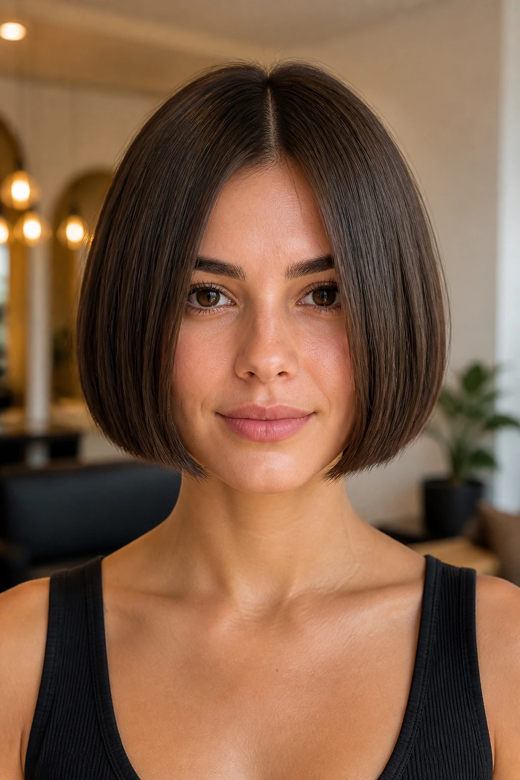 Portrait of real person with blunt bob showing invisible internal layers and clean edge