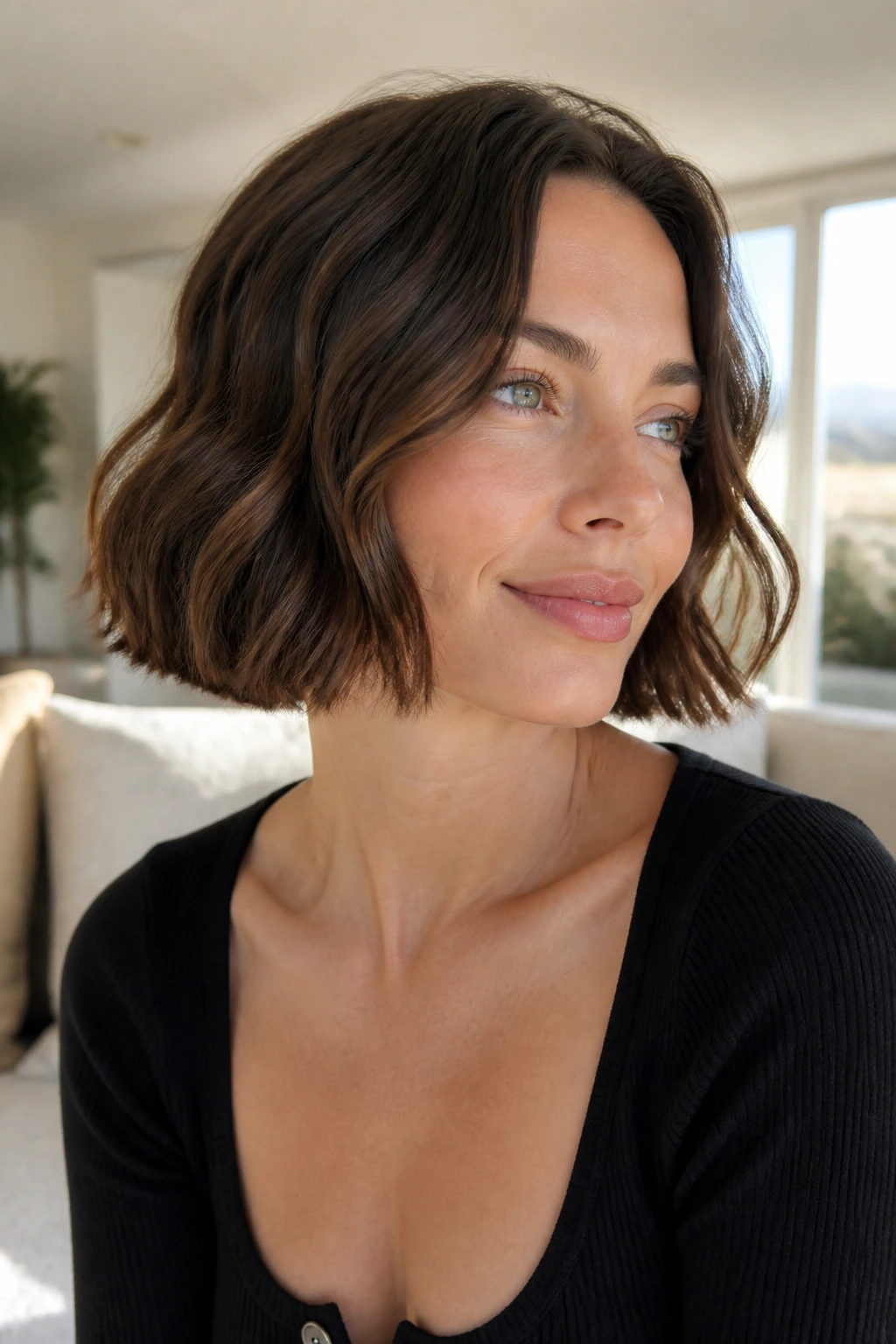 Real woman with blunt bob and invisible layers in bright indoor light