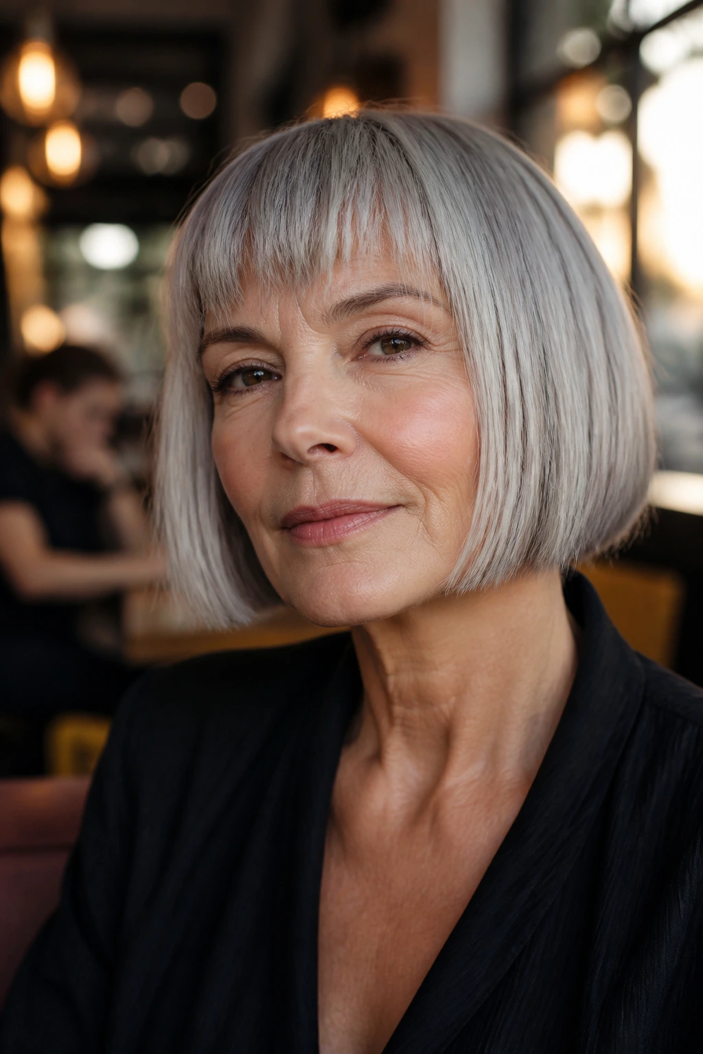 Close-up portrait of a real woman with blunt bob and jagged fringe.