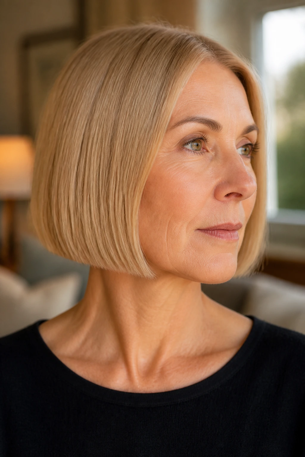 Portrait of an older woman with a jaw-length blunt bob and crisp jawline.