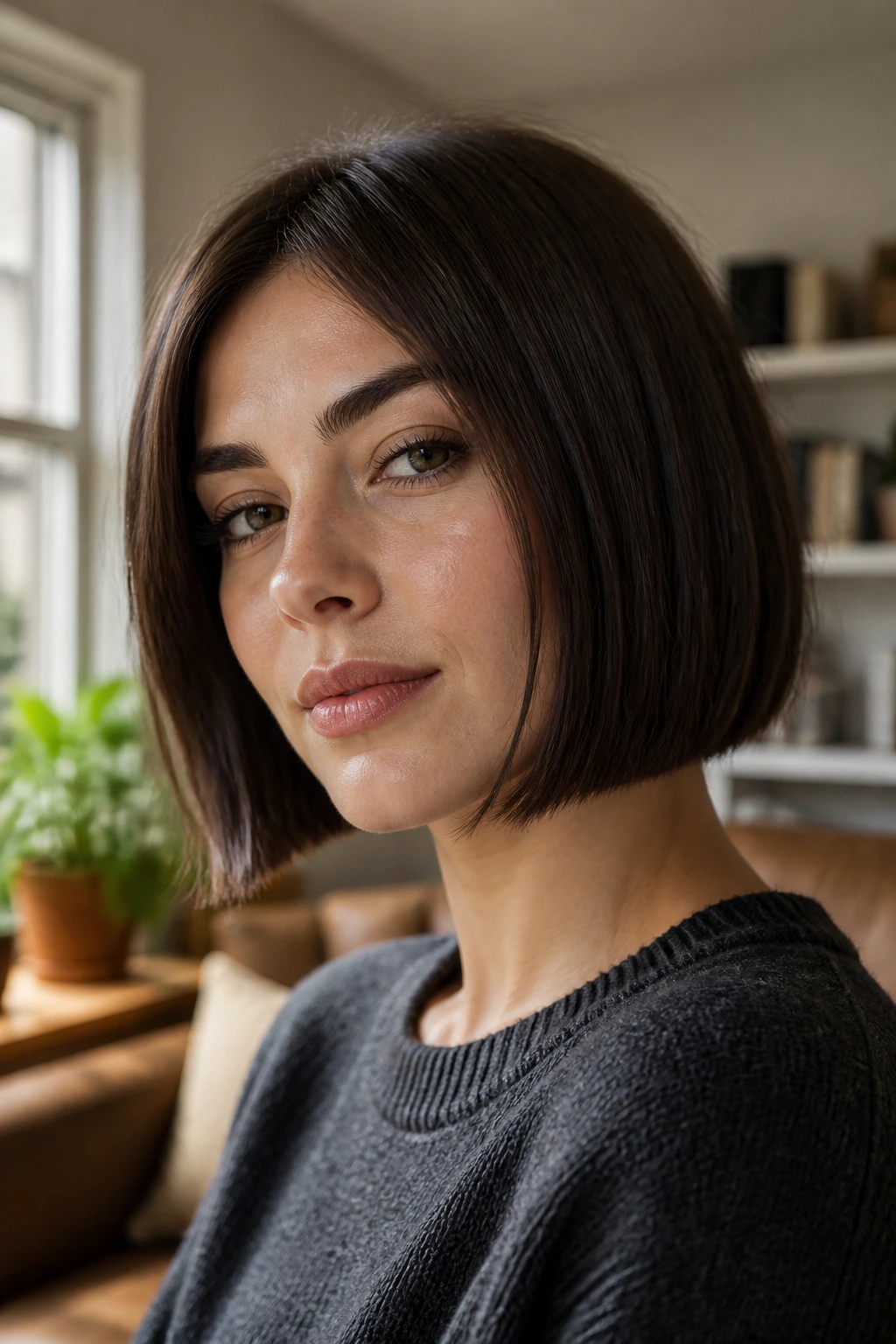 Close-up of a real woman with a jaw-length blunt bob in warm natural light