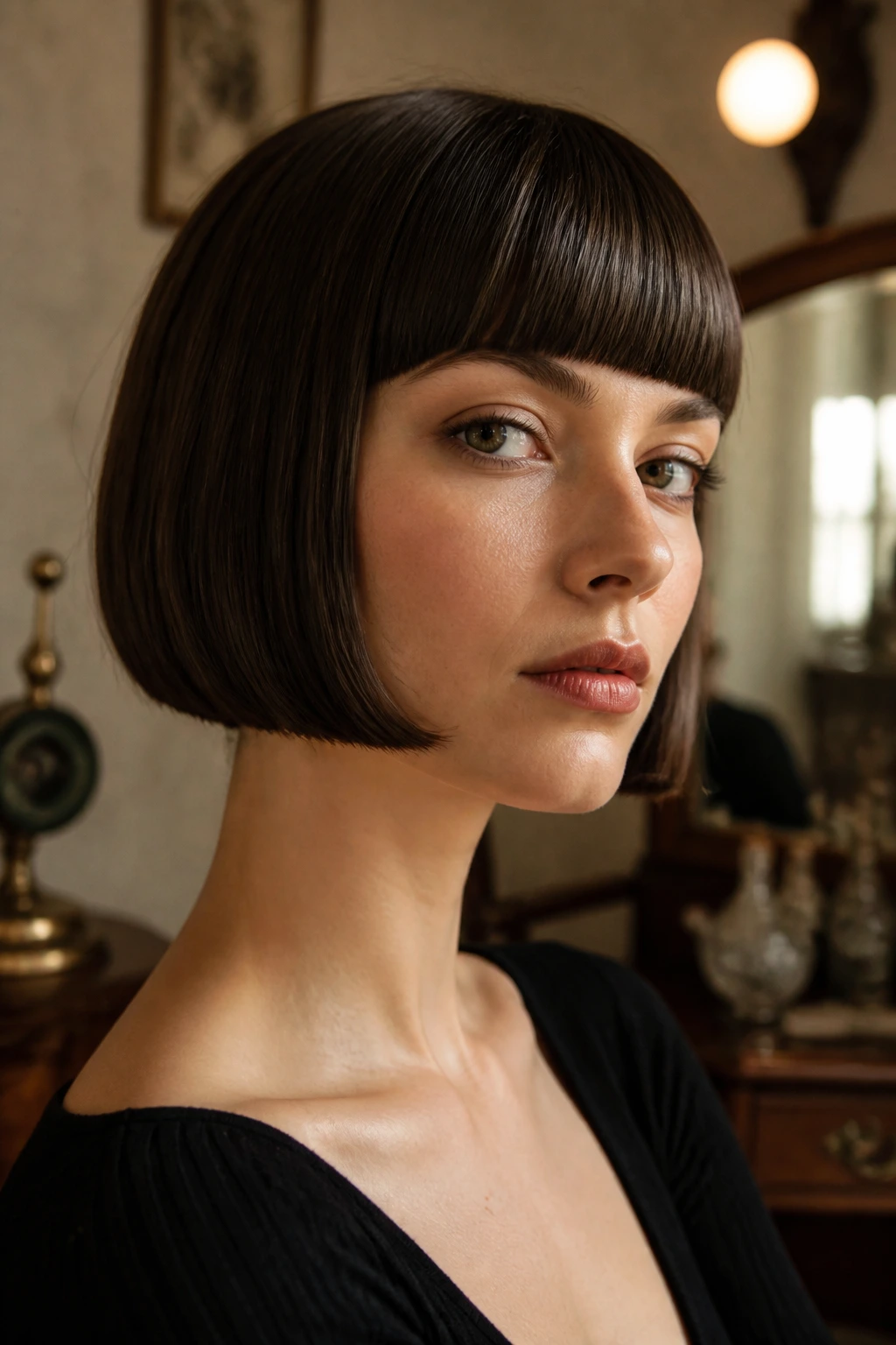 Close-up portrait of a woman with a jaw-length blunt bob and fringe in warm vintage lighting