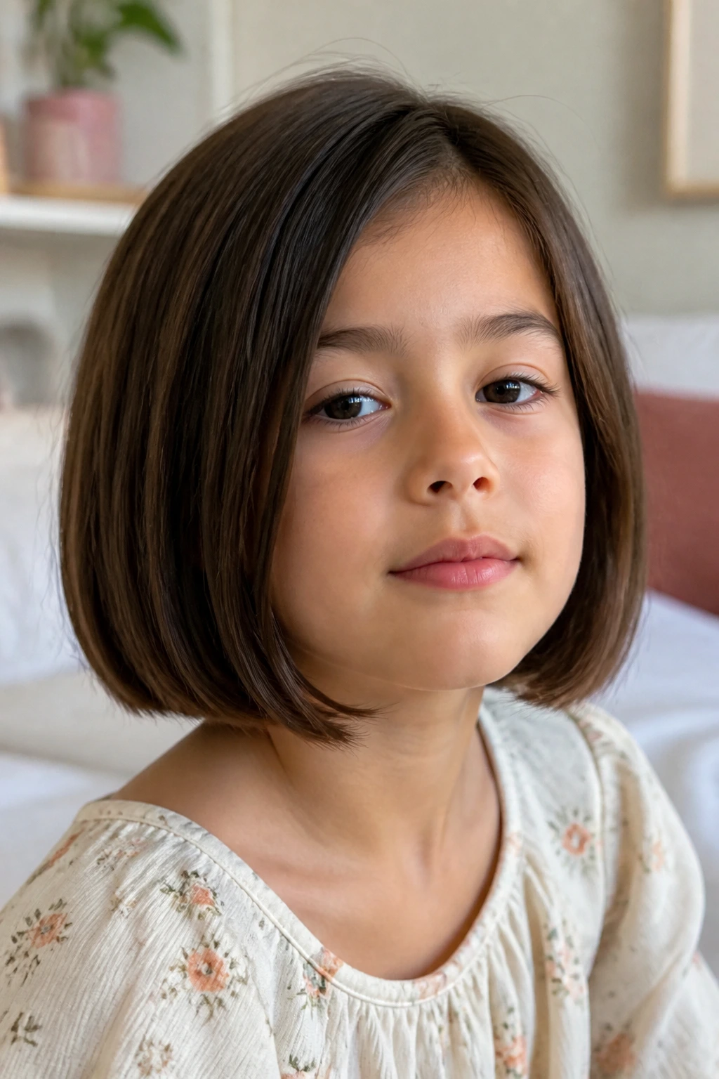 Close-up of a real child with a blunt bob in a bright bedroom