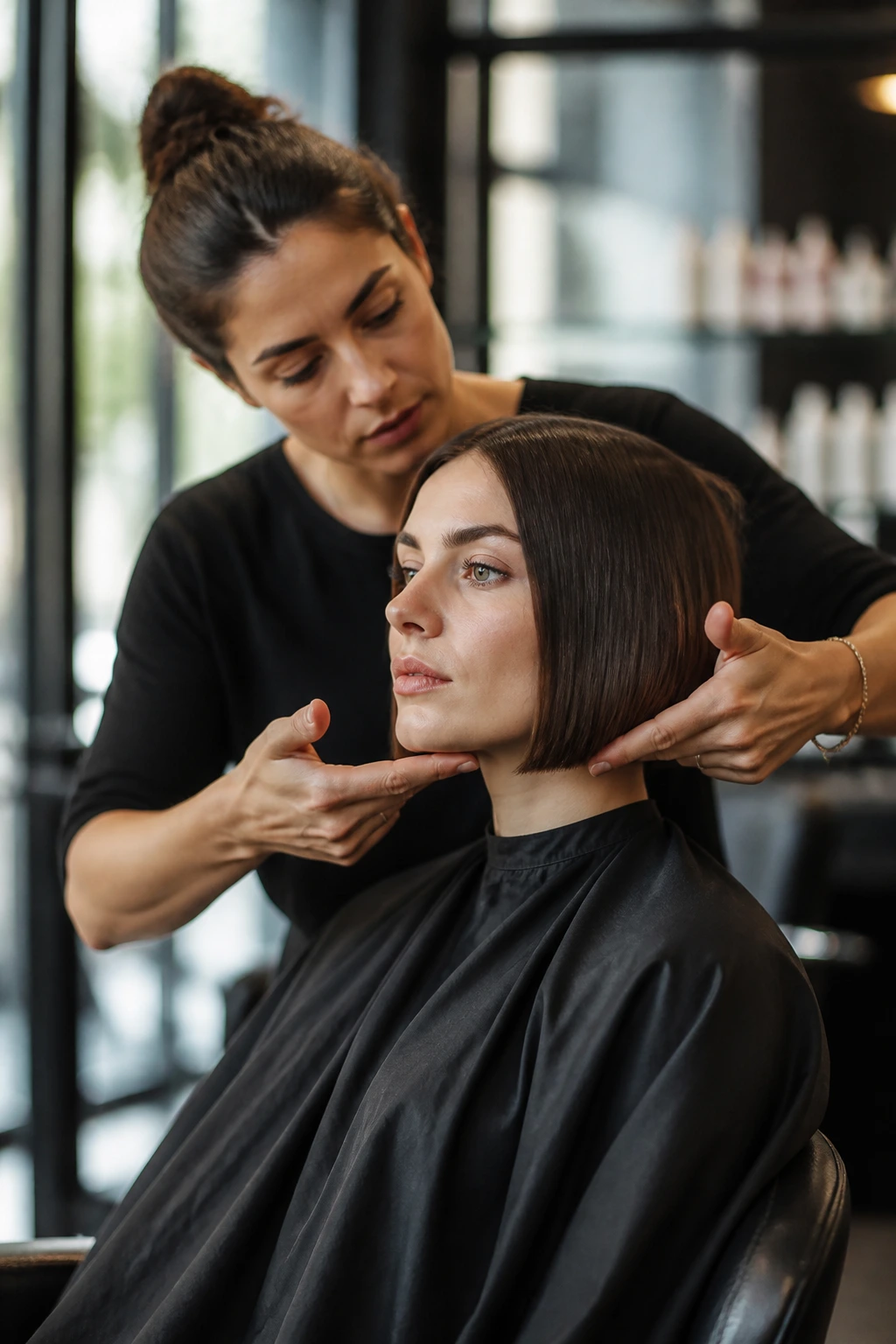 Close-up of a salon consultation scene showing the line being discussed before cutting