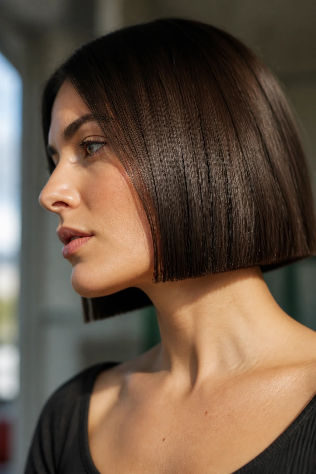 Close-up of a jaw-length blunt bob with a crisp, staying power line