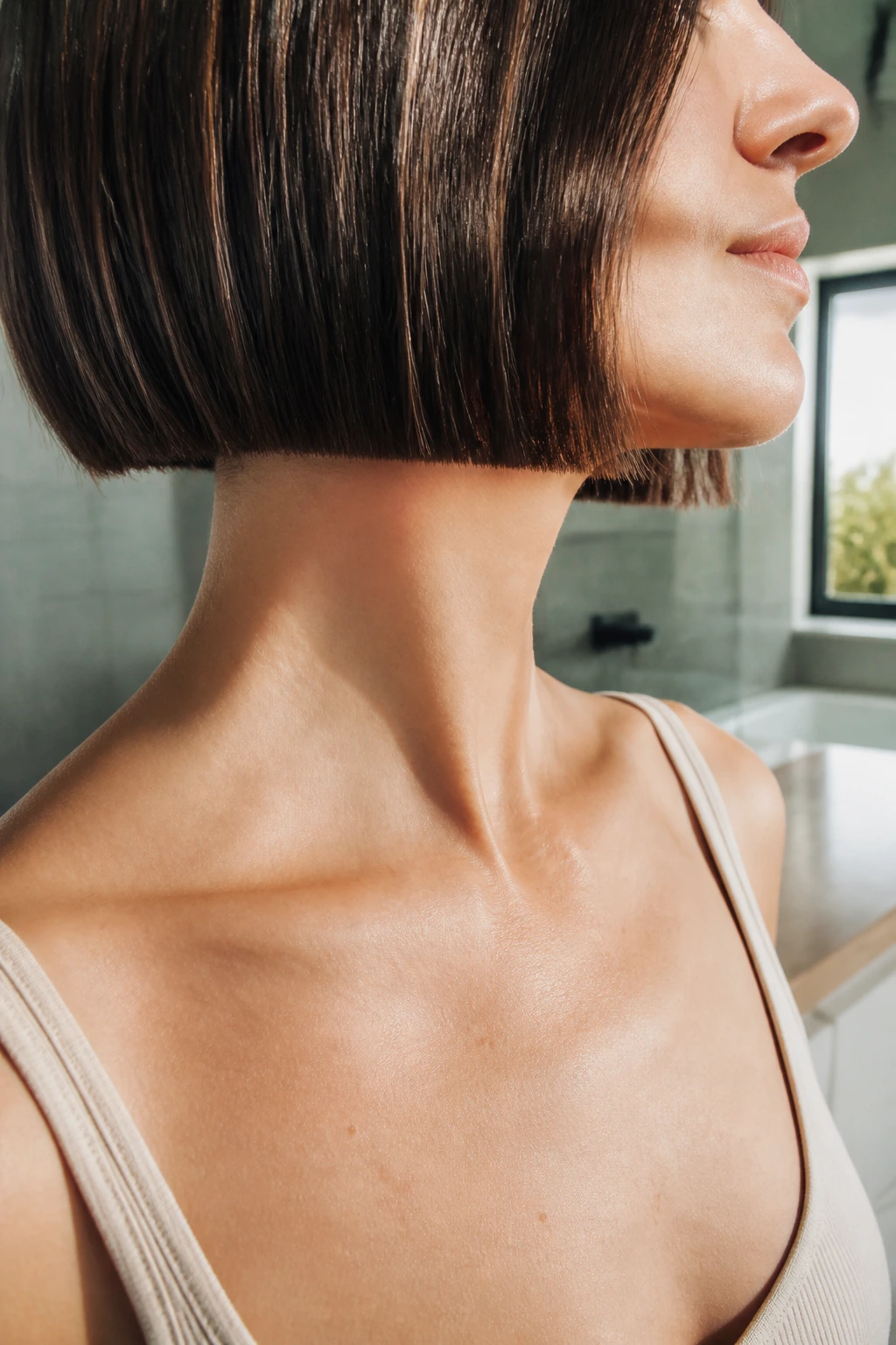 Close-up of a real woman's blunt bob with a crisp edge near the neck.