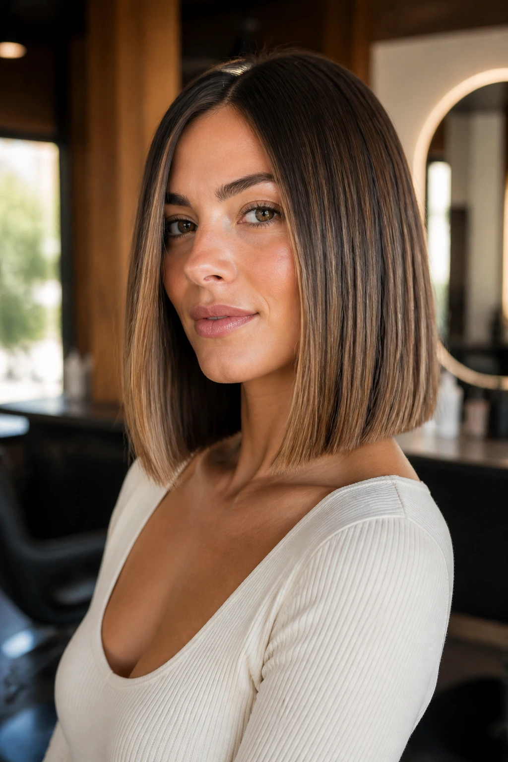 Close-up of a woman with a collarbone-length blunt bob showing a crisp edge in warm salon light
