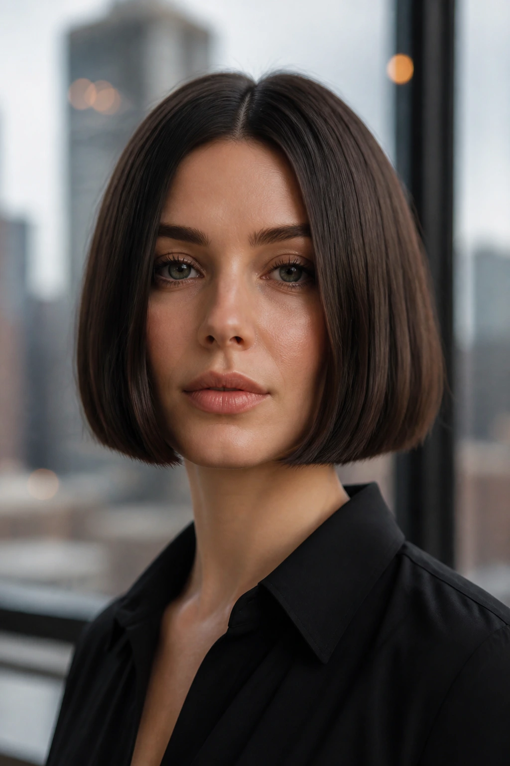 Close-up of a woman with a chin-length blunt bob and middle part