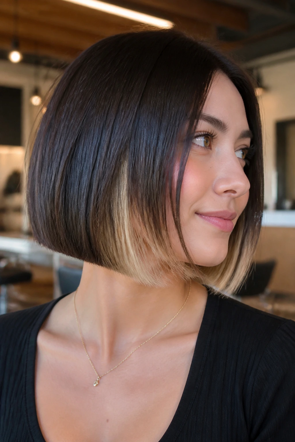 Close-up portrait of a real woman with a jaw-length blunt bob and peekaboo highlights