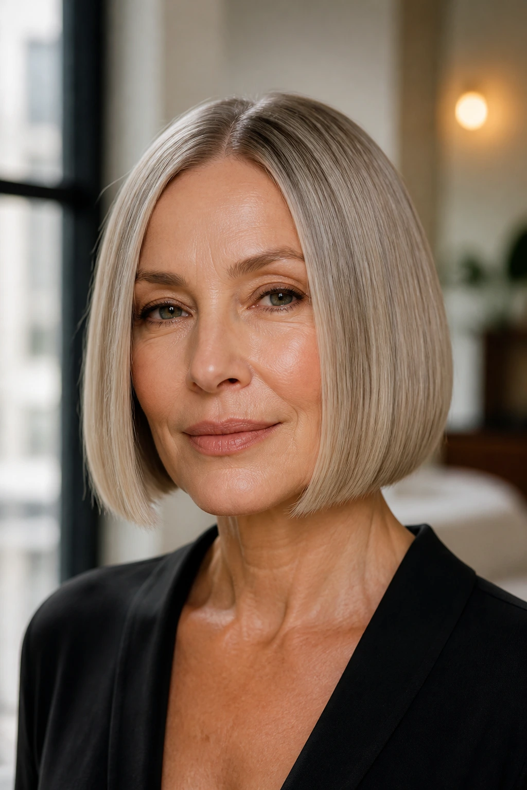 Close-up portrait of a real woman with a sleek jaw-length blunt bob under window light