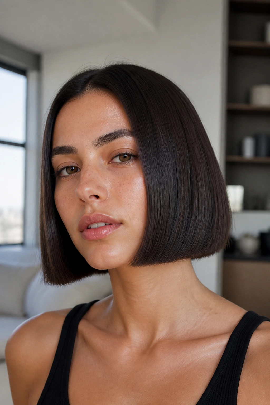 Close-up of a woman with a chin-skimming blunt bob and blunt ends
