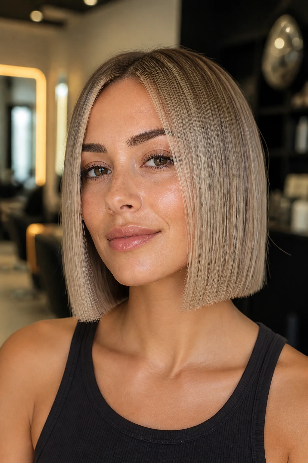 Portrait of a woman with a blunt bob showing a strong, lasting shape