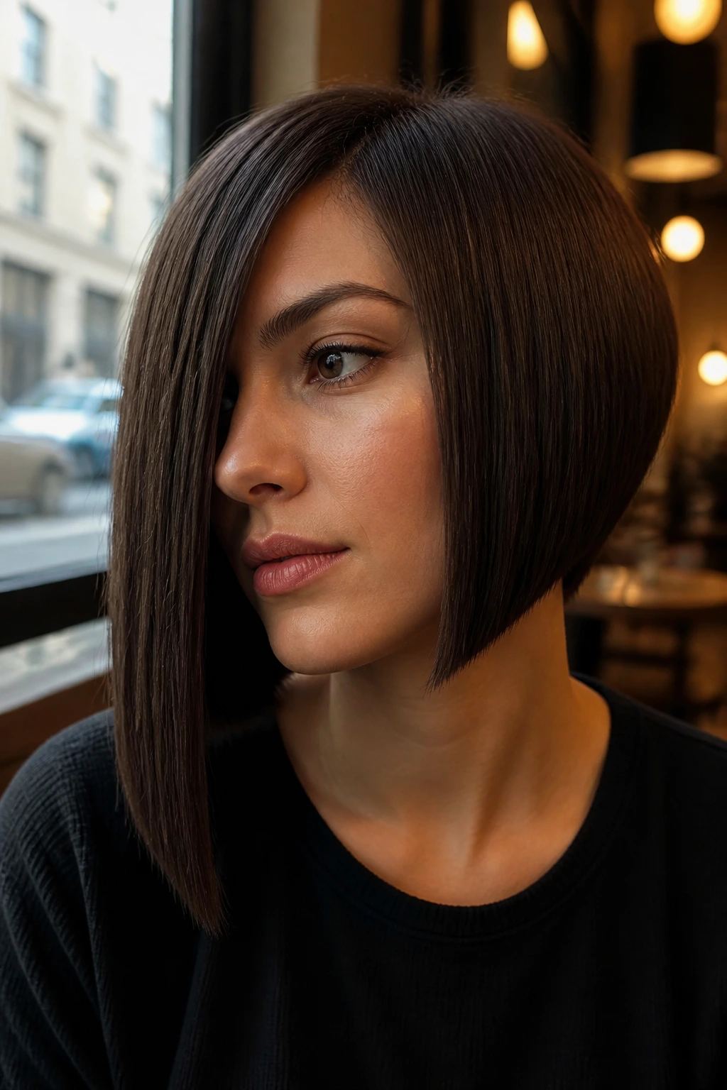Close-up of a real woman with a blunt asymmetrical bob and razor-sharp ends in warm cafe light