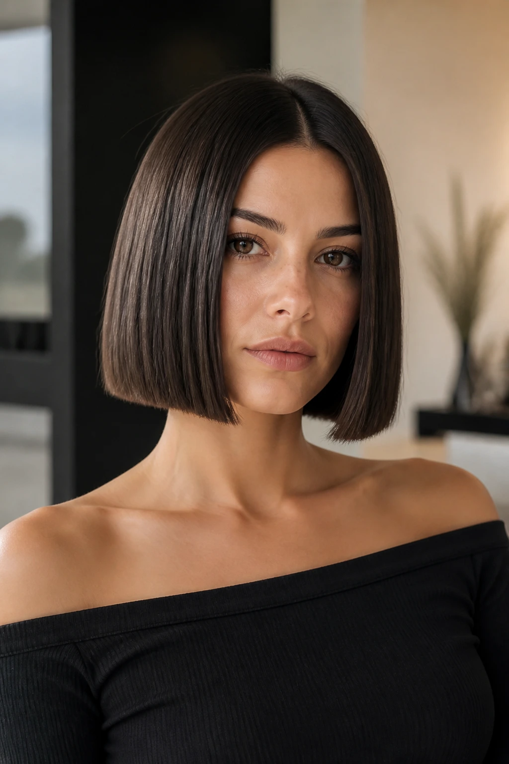 Head-and-shoulders portrait of a real woman with a blunt razor-edged bob