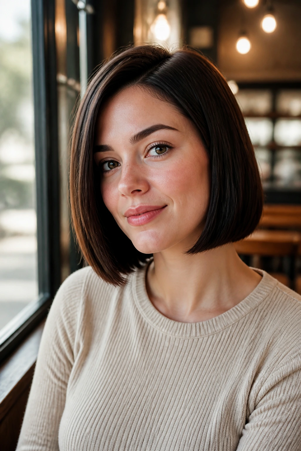 Close-up of real woman with blunt bob for round face and off-center part