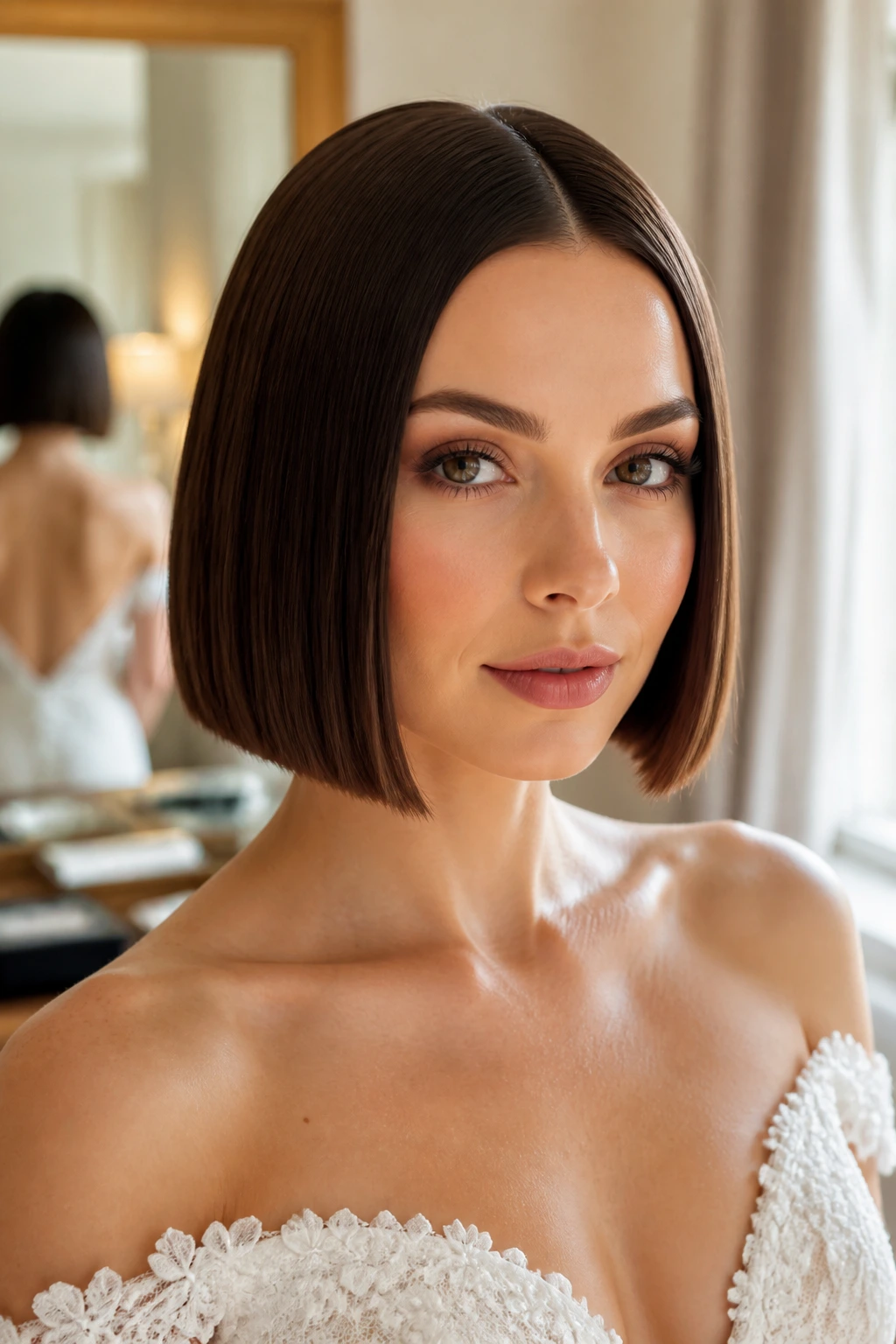 Close-up of a real bride with a satin straight blunt bob, jaw-length, high shine