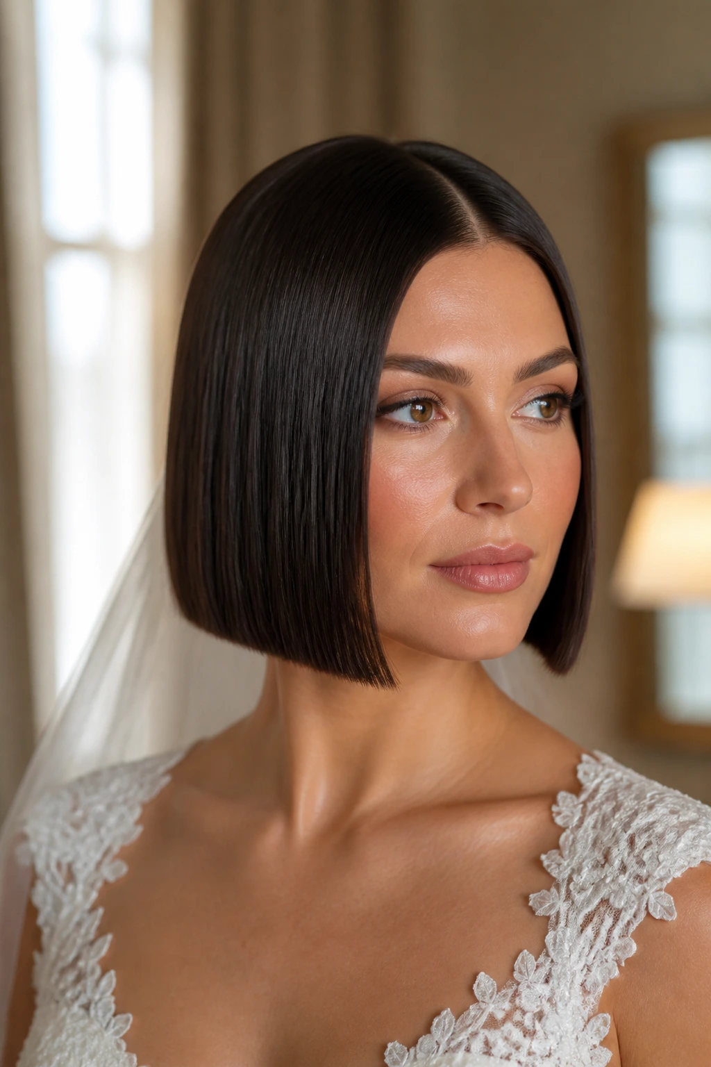 Close-up portrait of a real bride showing a satin-straight blunt bob with middle part and glossy finish in a bridal suite
