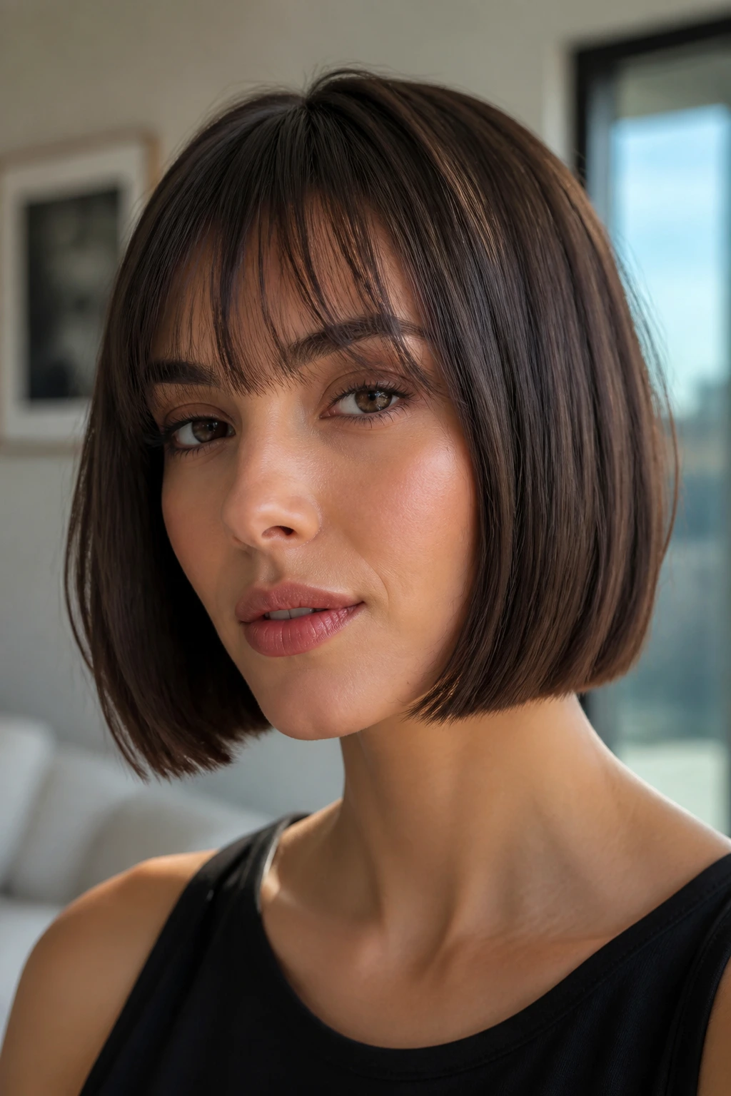 Close-up portrait of a real woman with a blunt bob and see-through bangs in a chic urban condo