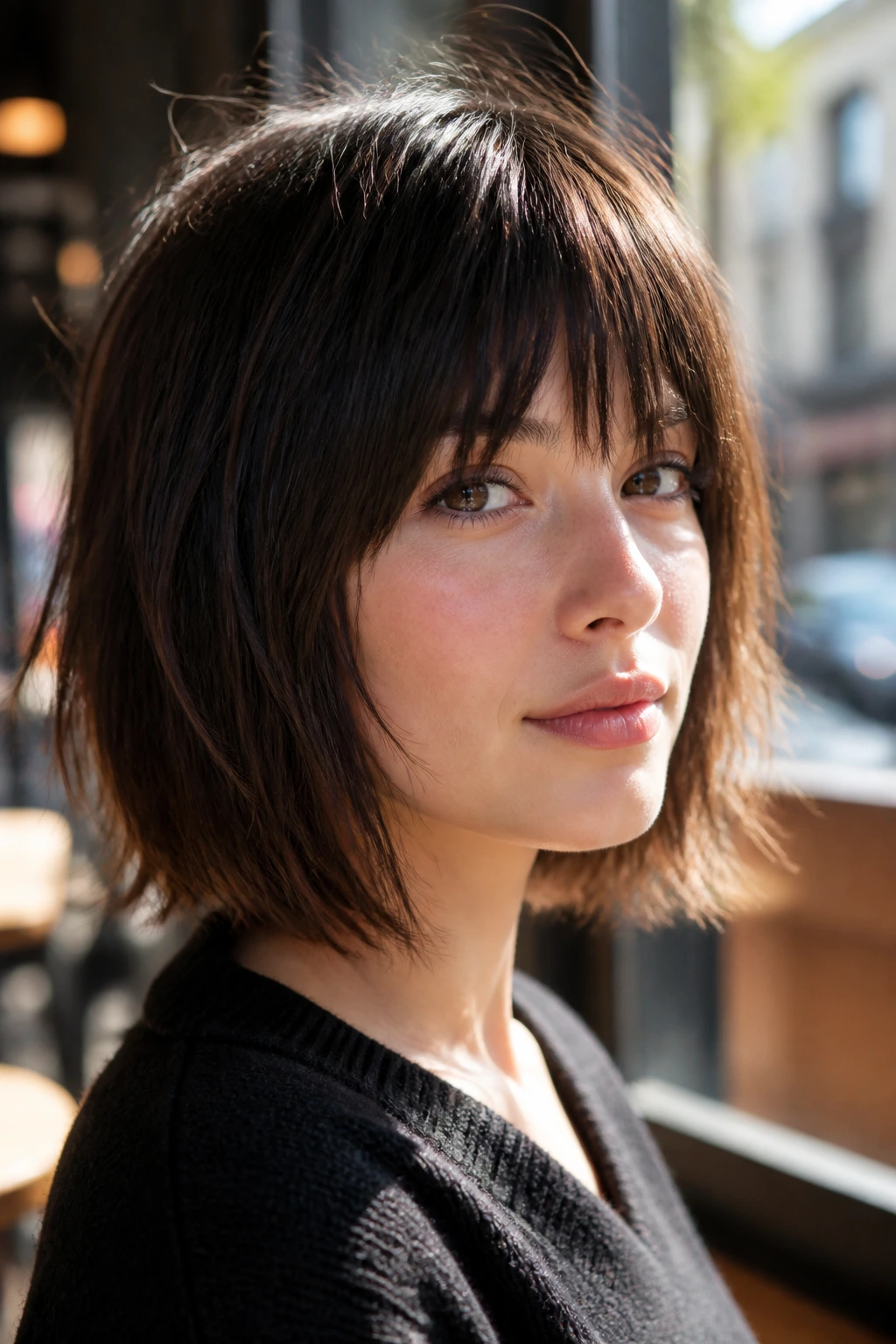 Close-up portrait of a real woman with blunt bob shag and textured bangs in a sunlit cafe