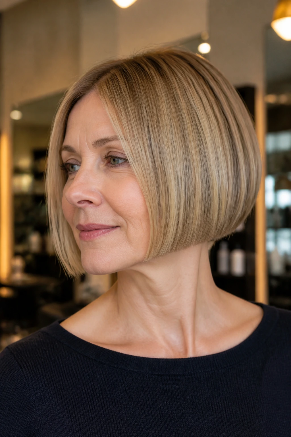 Close-up of a real woman with a blunt bob showing a crisp edge and solid hem