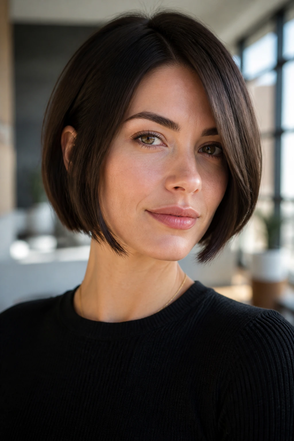 Portrait of a woman with a blunt bob illustrating shape over length
