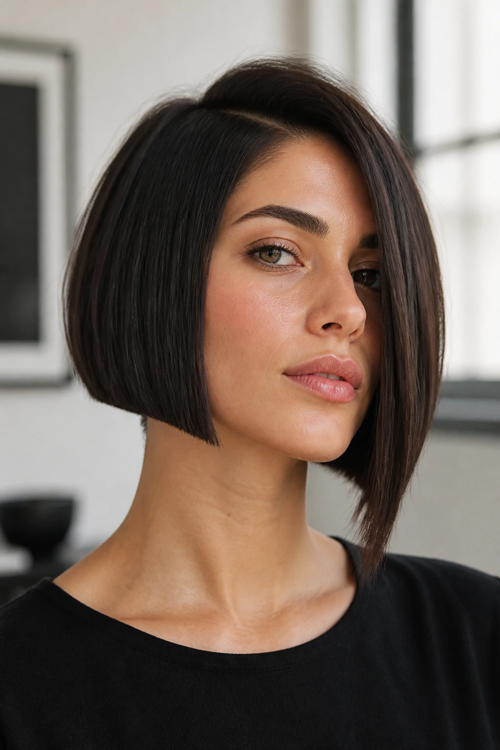 Portrait of a woman with blunt asymmetrical bob and sharp ends