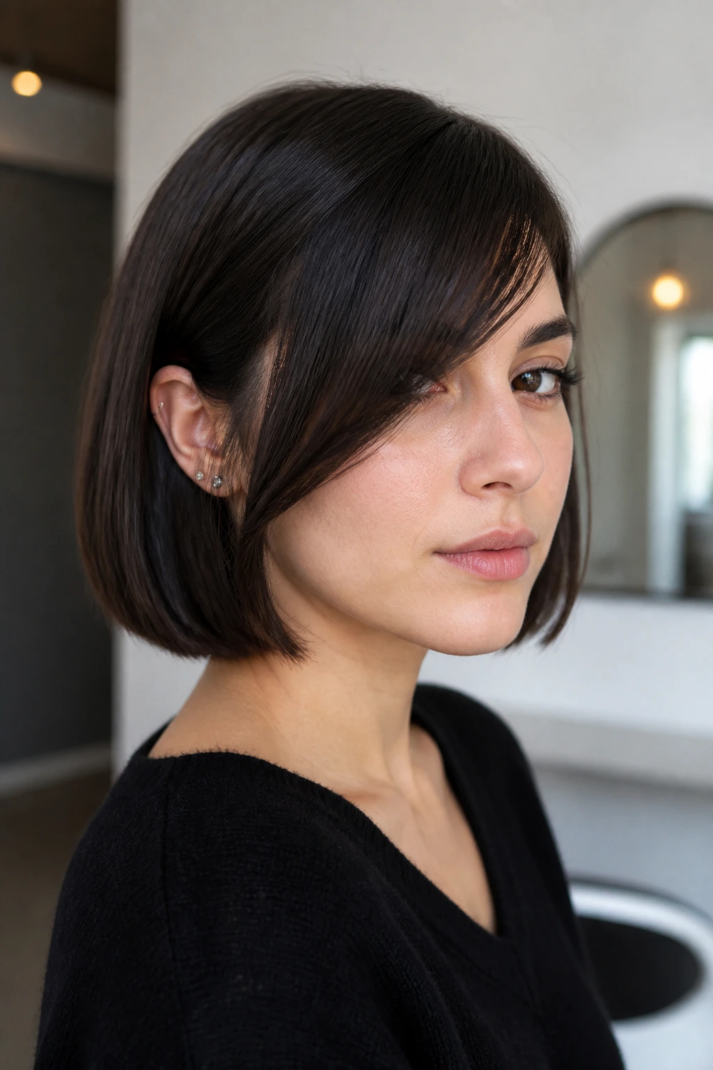 Close-up of a woman with blunt bob and long side fall