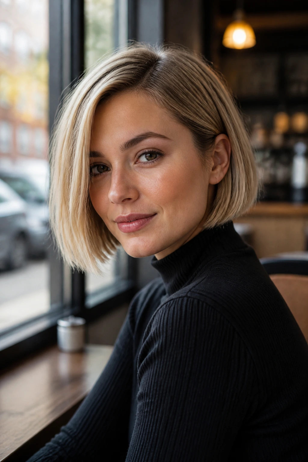 Portrait of a real woman with a blunt bob and side part showing texture variations