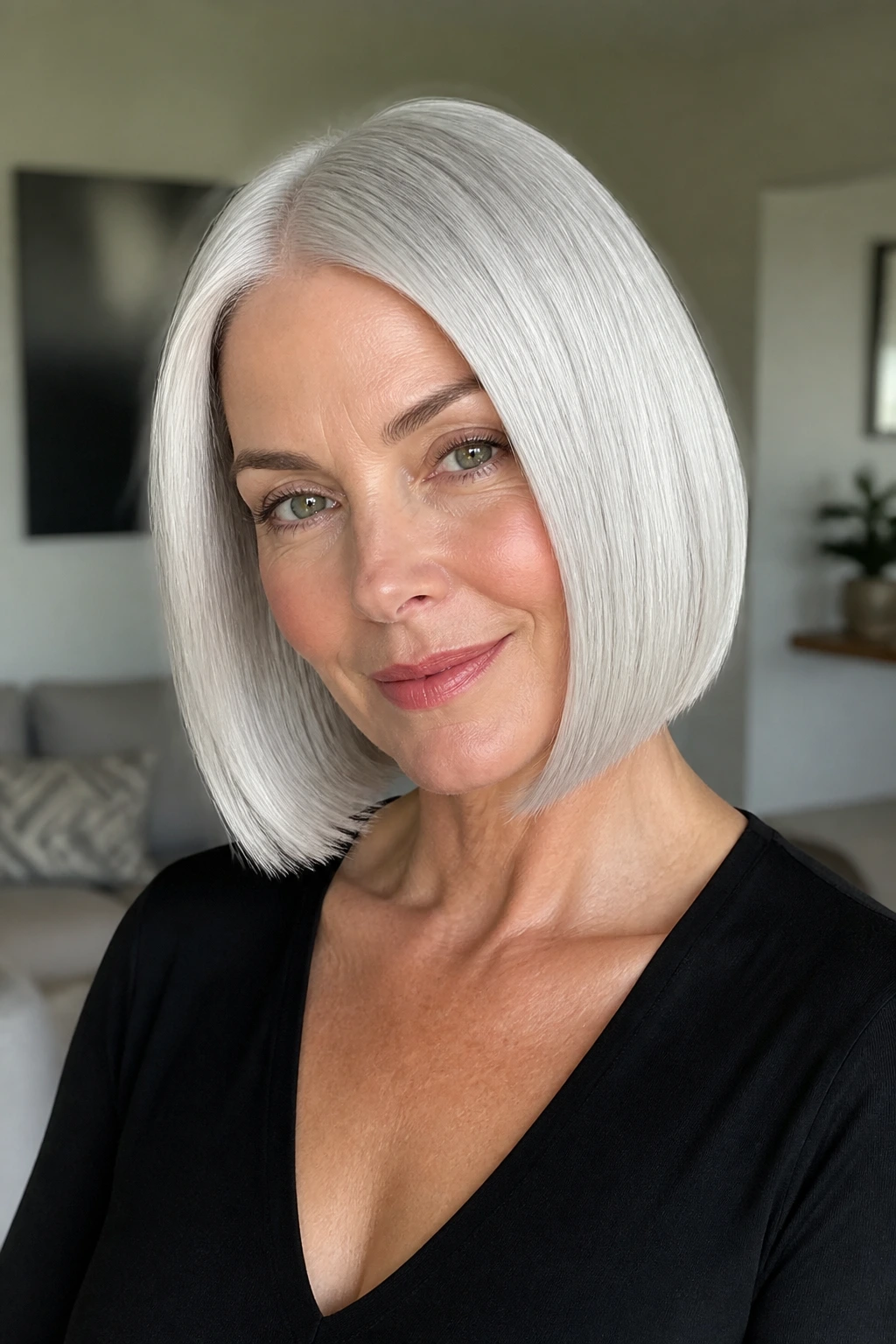 Close-up of a real woman with blunt bob and glossy silver hair