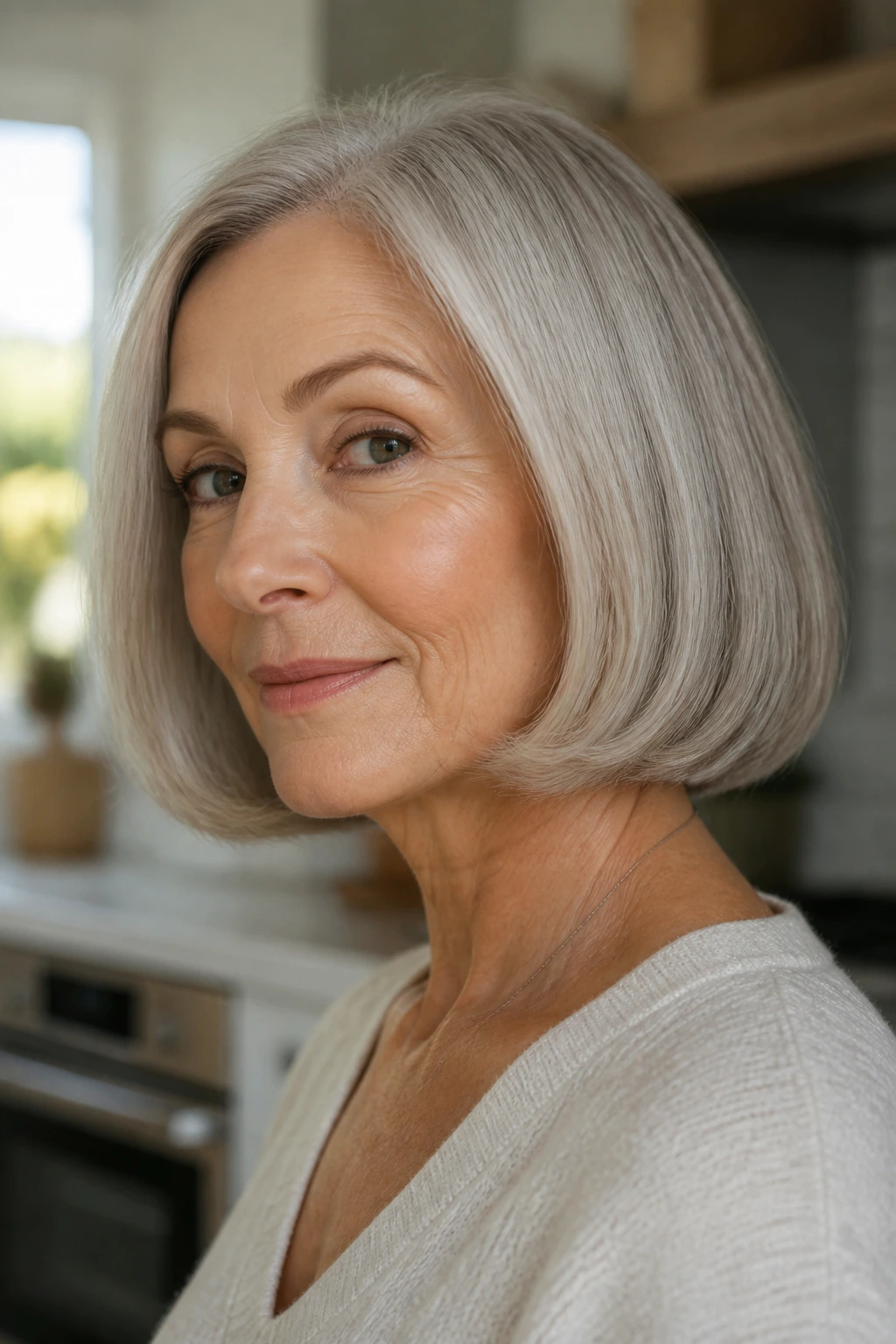 Portrait of a real woman with blunt silver-gray bob and soft bend at ends.