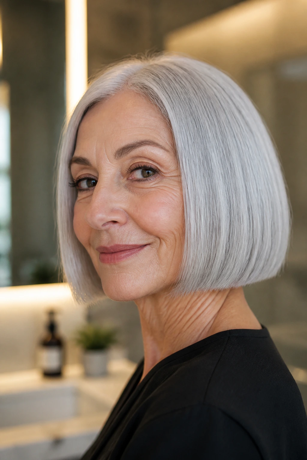 Close-up portrait of a real woman with a sleek blunt bob and silver hair