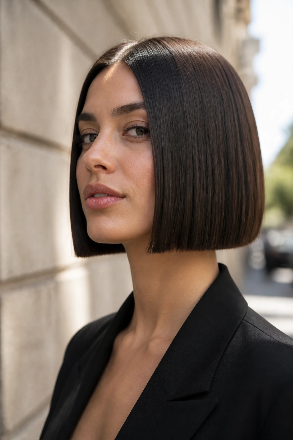 Real woman with a sleek blunt bob standing on a city street