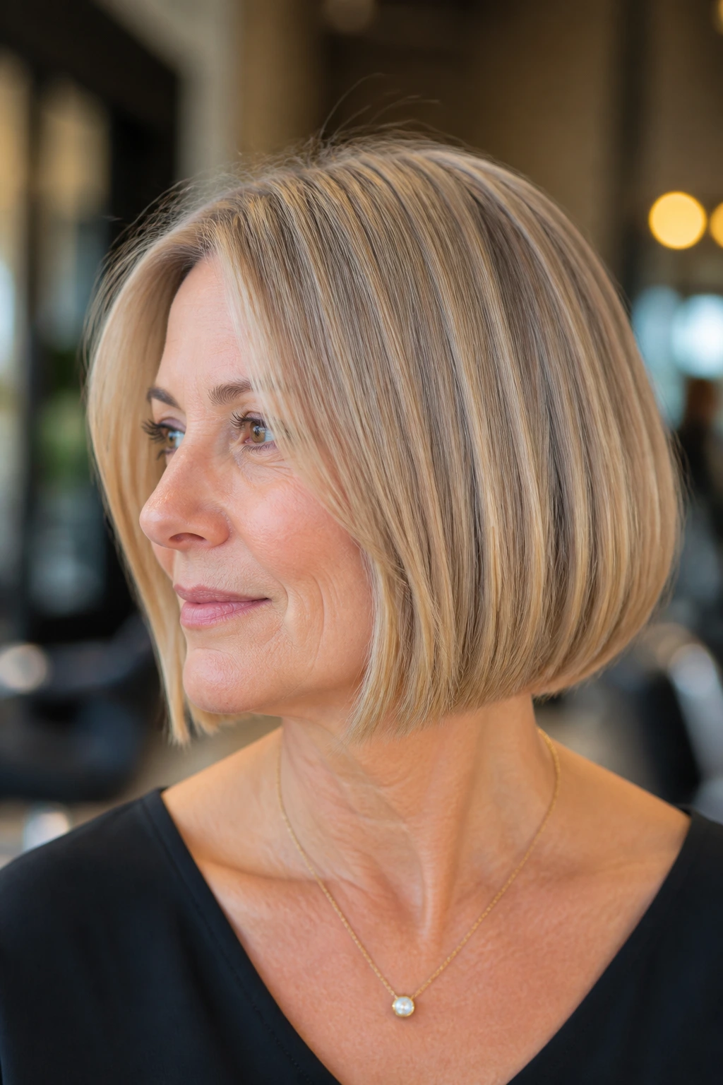 Close-up of a real woman with a sleek blunt bob and soft textured ends