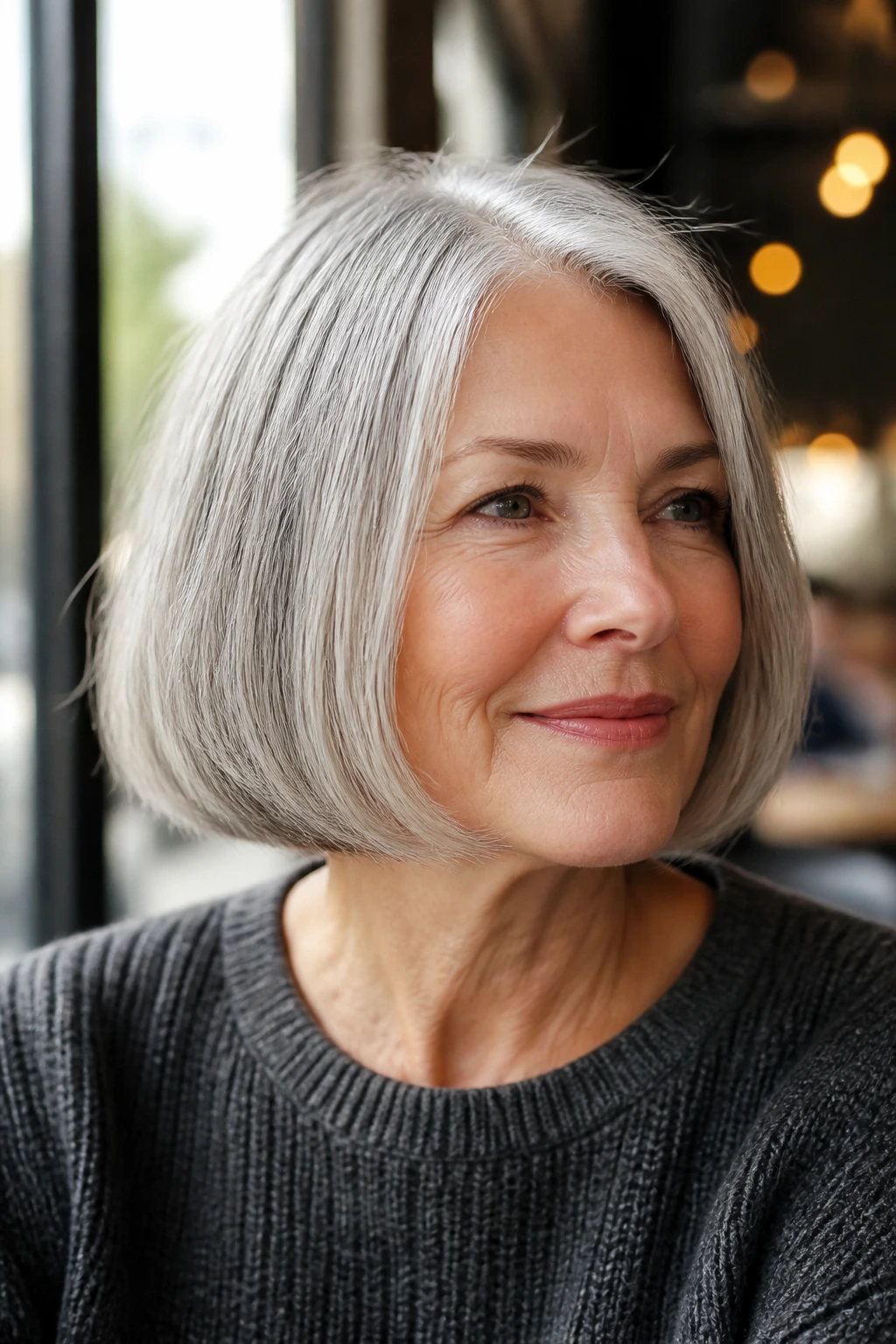 Close-up portrait of a real woman with a blunt bob and soft ends in silver-gray hair.