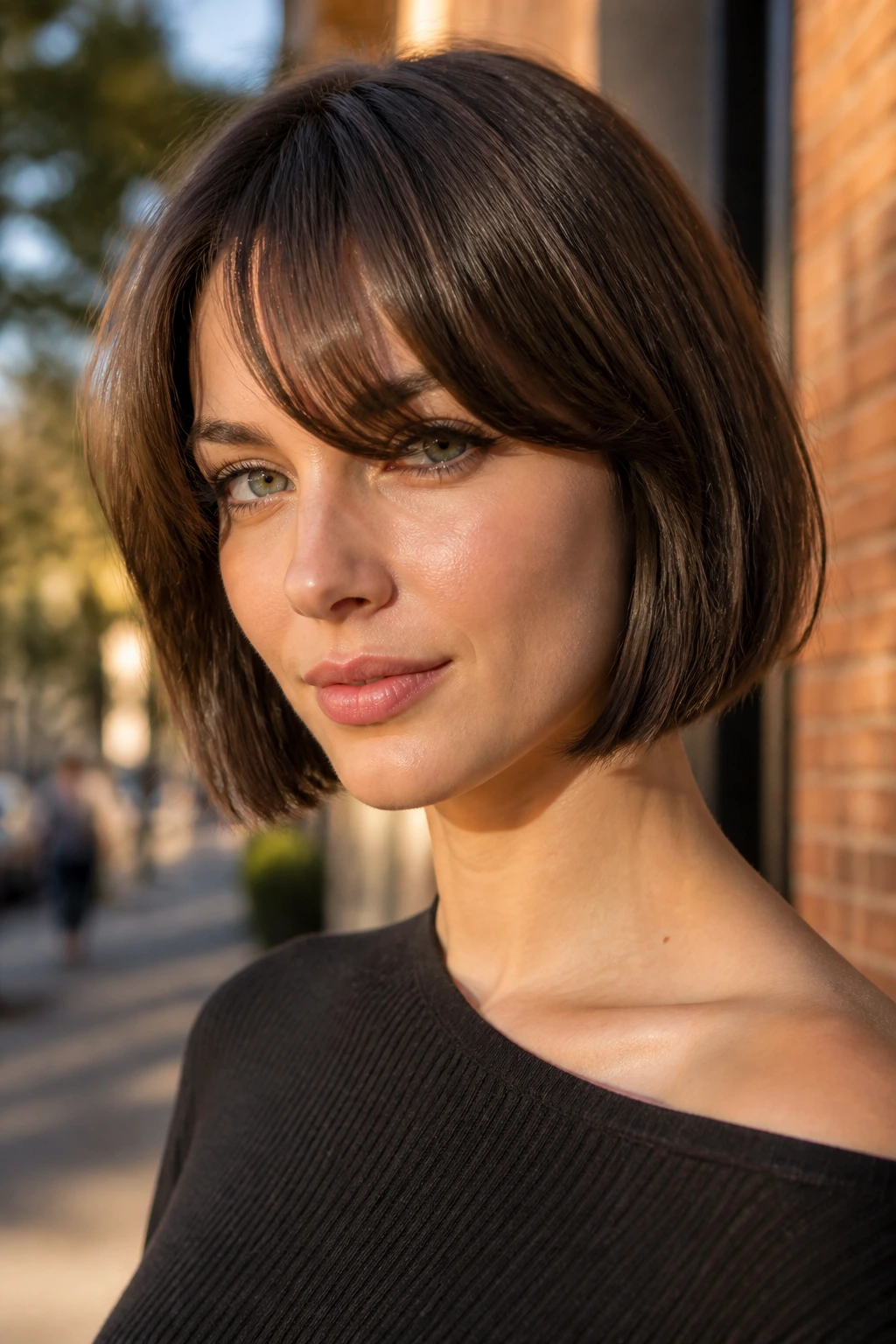 Real woman with blunt bob plus soft swoop hairstyle on city street