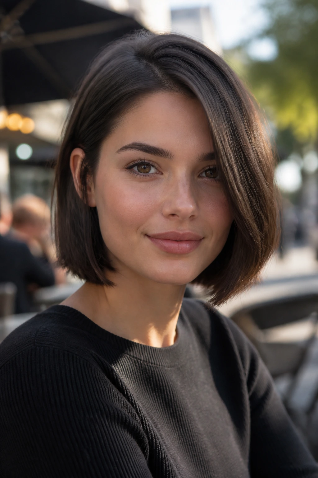 Real woman with jaw-length blunt bob and softened ends in outdoor cafe