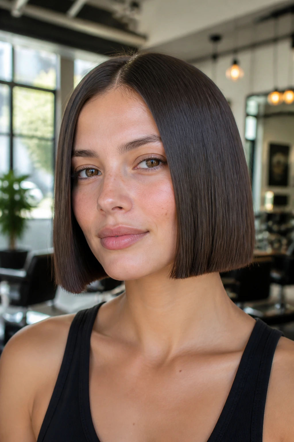 Real person with solid-line blunt bob in a bright salon setting