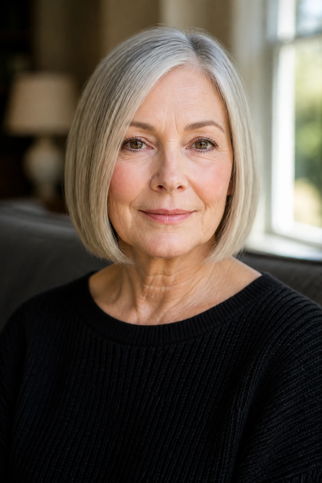 Close-up of a woman with a blunt bob, demonstrating straight hair that adds perimeter.