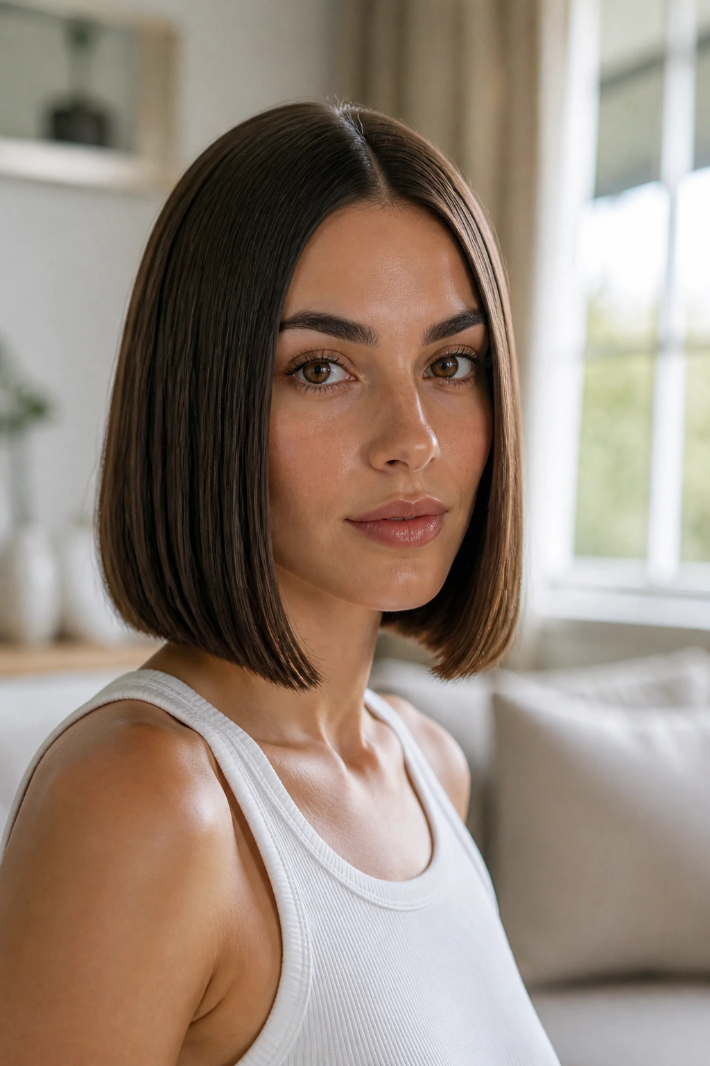 Close-up of blunt bob hairstyle on a real woman