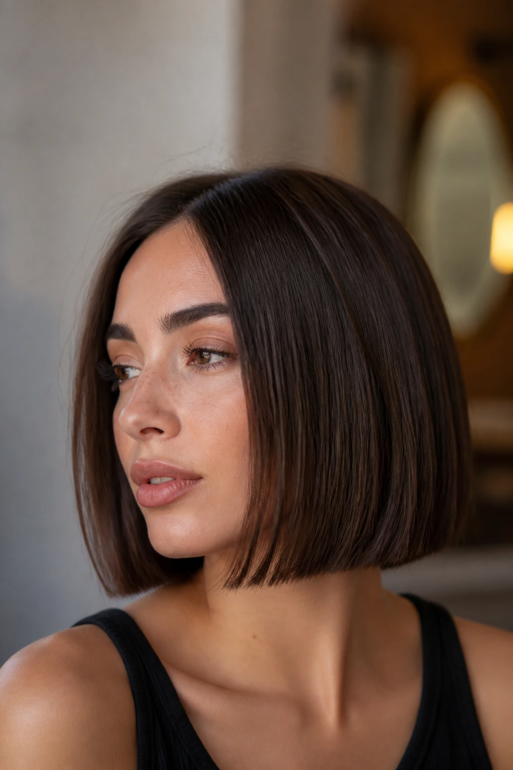 Close-up of a real woman with a blunt bob and crisp perimeter.