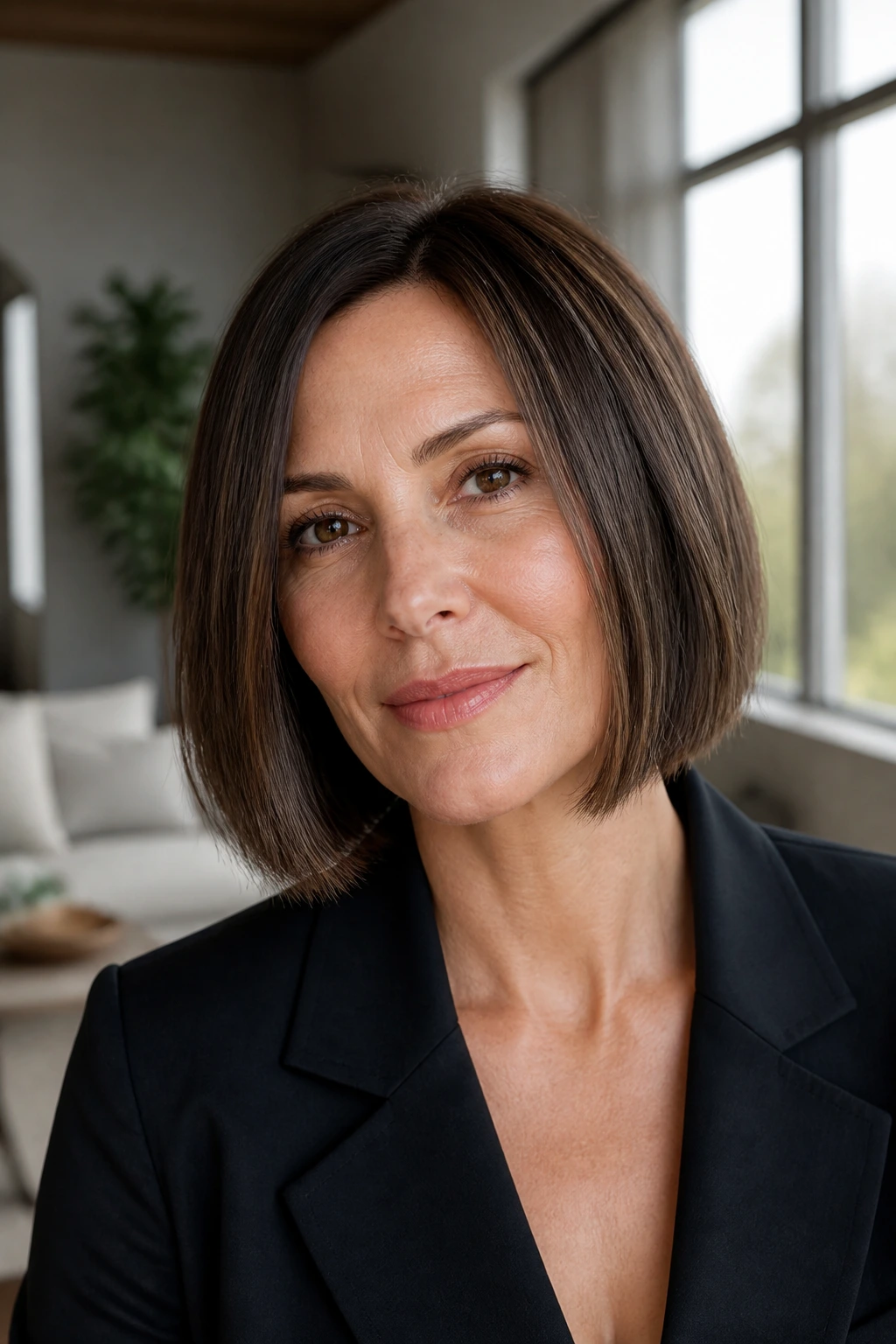 Close-up of a real woman with blunt bob subtle texture thick hair